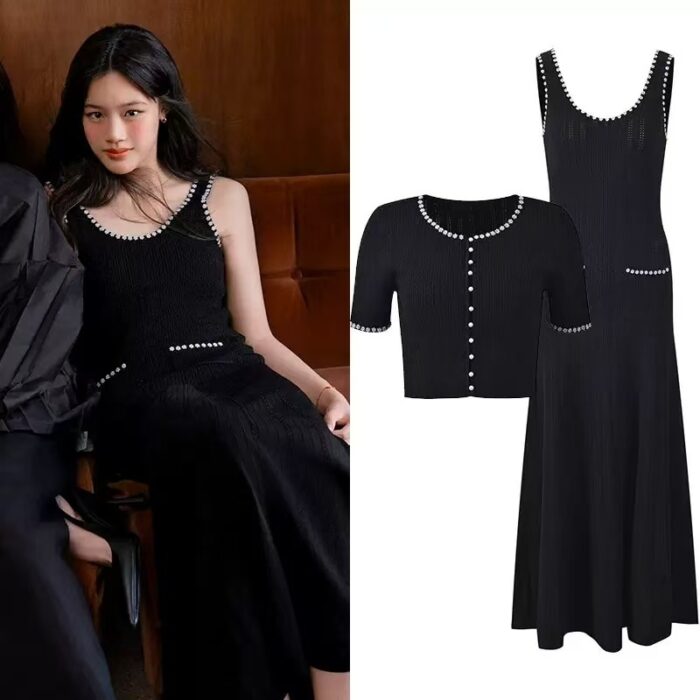 Black Knitted Tank Long Dress Women 2025 Autumn New Elegant Fashion Diamond-encrusted Dress 5250231