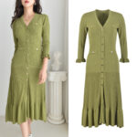 2024 Spring Elegant Green 3/4 Sleeve V Neck knitted Dress Women Slim Elastic High Quality Buttons Mermaid Dress 5230020