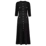 High Quality Fashion Elastic Bright Silk Knitted Dress Women's 3/4 Sleeve Single Row Button Lace Slim Fit Dress 5240035C