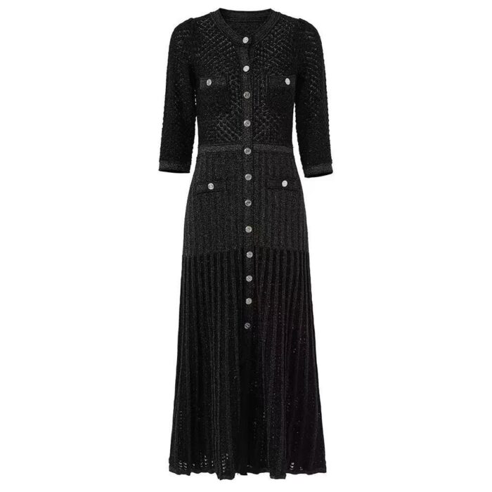 High Quality Fashion Elastic Bright Silk Knitted Dress Women's 3/4 Sleeve Single Row Button Lace Slim Fit Dress 5240035C
