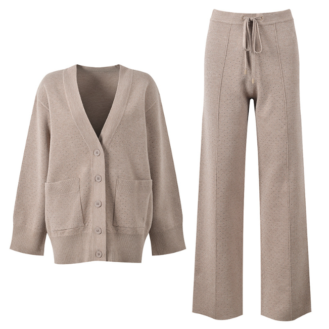New Women Shiny Bead Embellished Knit Set Autumn Loose V-Neck Single Breasted Cardigan or Elastic Waist Wide Leg Pants 5240266