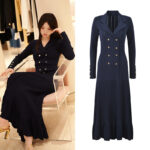 Dark Blue Knitting Long Dress Women Notched 2025 New Fashion Double Breasted Long Sleeve Slim Fishtail Robe 5250001