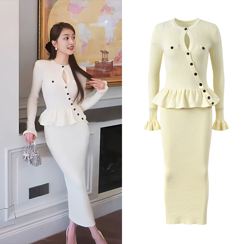2025 autumn new French lady daughter round neck bevel button slim fit ruffle stitching dress 5250331