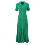 Spring 2024 New Women Temperament Green Dress Turn Down Collar Short Sleeve Ladies Single Breasted Slim Mid-Length Robe 5230486 - Image 2