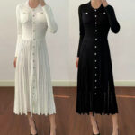 2025 autumn new style temperament fashion elegant goddess fan slim fit round neck single breasted long sleeve dress