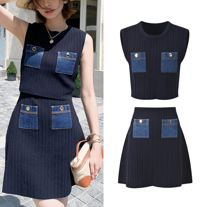2025 summer new French retro denim pocket fashion versatile casual sleeveless short knitted vest top