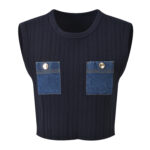2025 summer new French retro denim pocket fashion versatile casual sleeveless short knitted vest top+short skirt 5250185 - Image 2