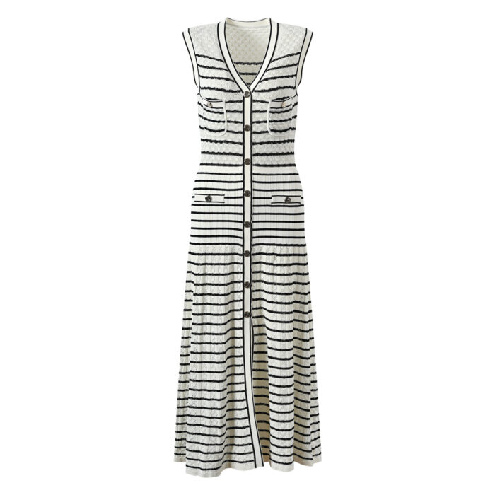 2024 New Classic Striped Knit Dress Ladies V-Neck Sleeveless Single Breasted Robe O-Neck Knitting Long Dress 5230485 - Image 2