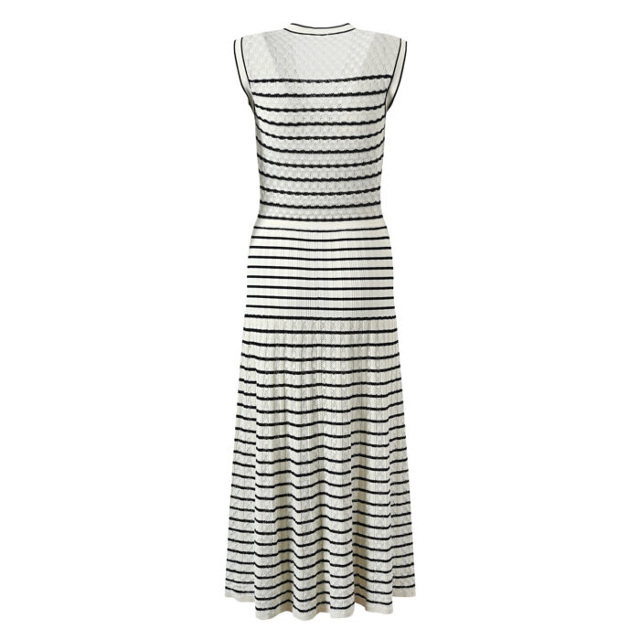 2024 New Classic Striped Knit Dress Ladies V-Neck Sleeveless Single Breasted Robe O-Neck Knitting Long Dress 5230485 - Image 3