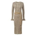 2025 autumn and winter new French temperament fashion elegant slim fit round neck with waist chain long sleeve knitted dress - Image 2