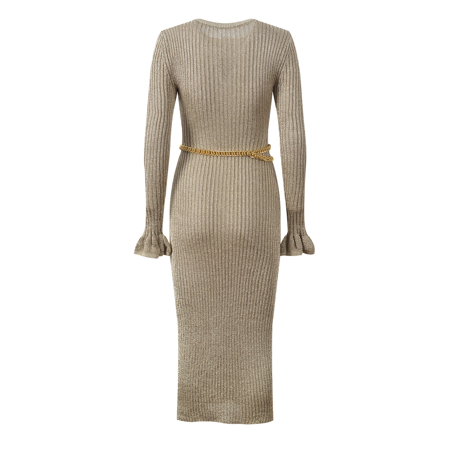 2025 autumn and winter new French temperament fashion elegant slim fit round neck with waist chain long sleeve knitted dress - Image 3
