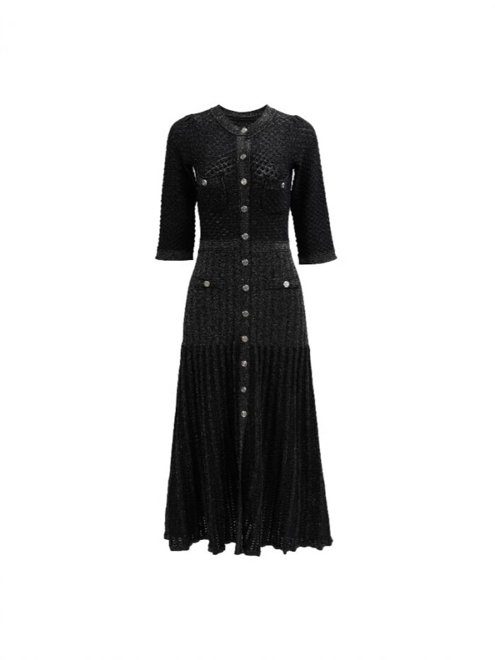 High Quality Fashion Elastic Bright Silk Knitted Dress Women's 3/4 Sleeve Single Row Button Lace Slim Fit Dress 5240035C - Image 2