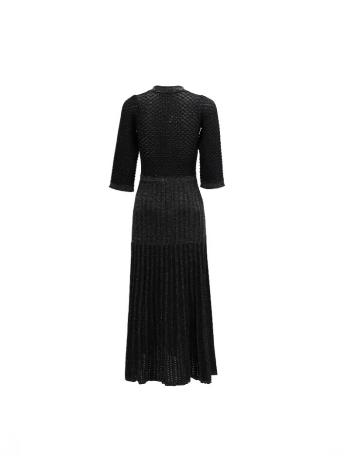 High Quality Fashion Elastic Bright Silk Knitted Dress Women's 3/4 Sleeve Single Row Button Lace Slim Fit Dress 5240035C - Image 3