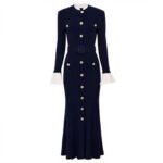2025 autumn new French lady slim fit contrast color round neck single breasted long fishtail knitted dress - Image 2