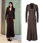 2025 autumn new French coffee-colored lapel metal button long sleeve slim fit elegant fishtail dress 5240345
