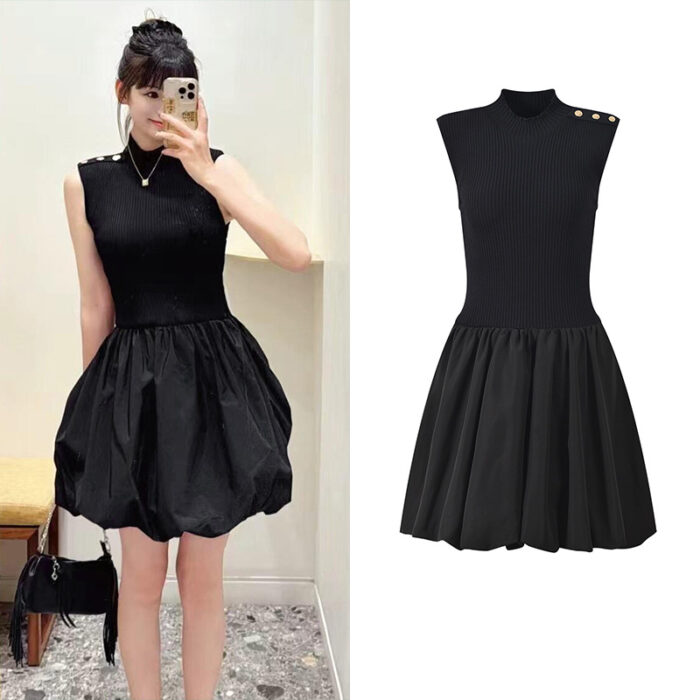 2025 early autumn new black temperament fashion age-reducing slimming sleeveless splicing pleated puffy dress