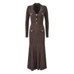 2025 autumn new French coffee-colored lapel metal button long sleeve slim fit elegant fishtail dress 5240345 - Image 2