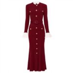 2025 autumn new French lady slim fit contrast color round neck single breasted long fishtail knitted dress - Image 3