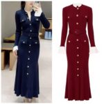 2025 autumn new French lady slim fit contrast color round neck single breasted long fishtail knitted dress