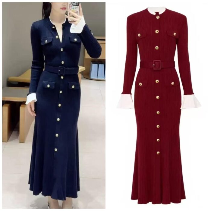 2025 autumn new French lady slim fit contrast color round neck single breasted long fishtail knitted dress