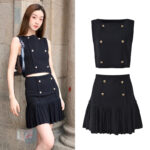 2025 early autumn new style black double-breasted slim fit round neck sleeveless top pleated skirt suit 5250214