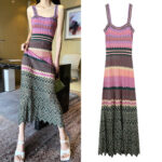Women Vintage Knitted Dress Sleeveless Slim Fit French Brand Striped Elegant Party Fashion Dresses 520076