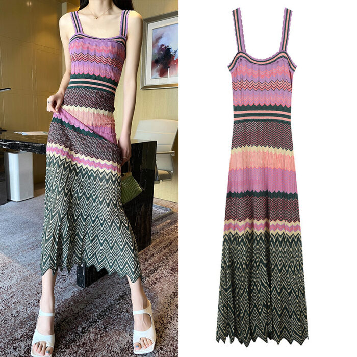 Women Vintage Knitted Dress Sleeveless Slim Fit French Brand Striped Elegant Party Fashion Dresses 520076