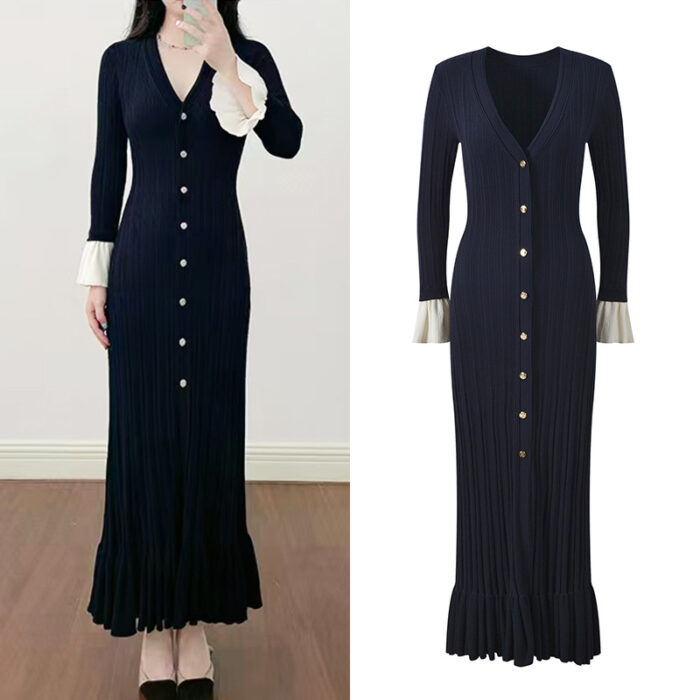 Dark Blue Knitted Long Dress Women's 2025 Autumn New Fashion Long-sleeved V-neck Elegant Slim Dress 5250280