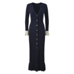 Dark Blue Knitted Long Dress Women's 2025 Autumn New Fashion Long-sleeved V-neck Elegant Slim Dress 5250280 - Image 3