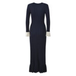 Dark Blue Knitted Long Dress Women's 2025 Autumn New Fashion Long-sleeved V-neck Elegant Slim Dress 5250280 - Image 4