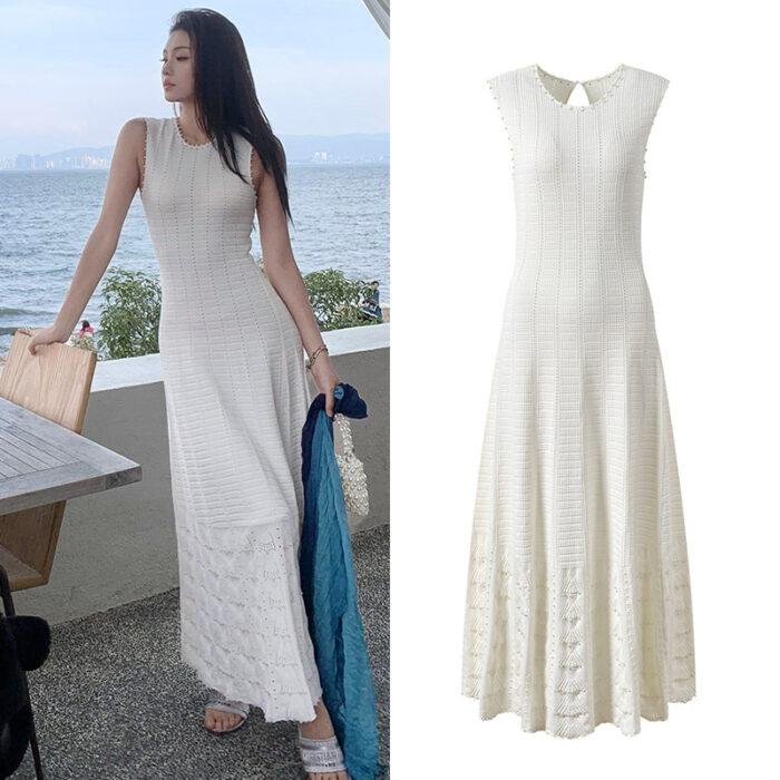 2025 Spring New French Heavy Pearl Decoration Waffle Hollow Slimming Sleeveless Knitted Long Dress
