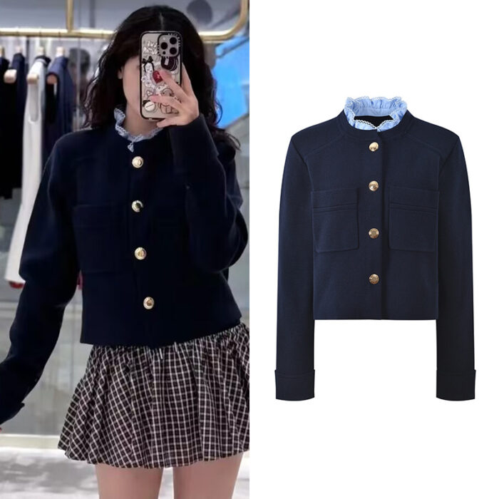 2025 autumn and winter new fashion temperament commuting contrast color detachable lace collar single-breasted knitted cardigan short jacket