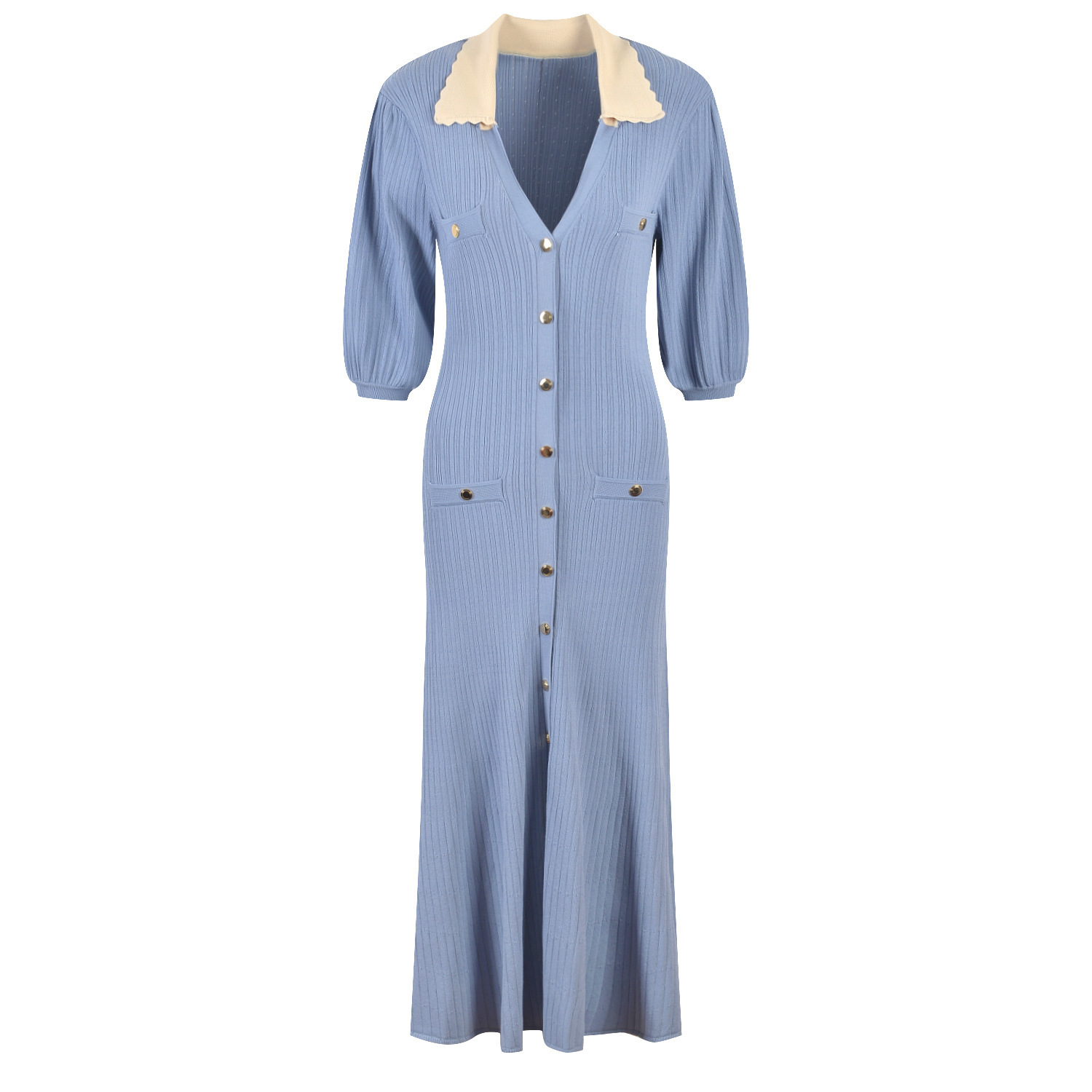 Knitting Dress Women V-neck Long-sleeved Slim Elegant Casual Button Dress 2023 France High-Quality 5210364 - Image 3