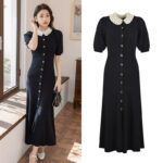 2023 Winter Women's New Dress Knitted French Brand Short Sleeve Slim and Elegant Casual Button Midi-Calf Dress Women 5220510