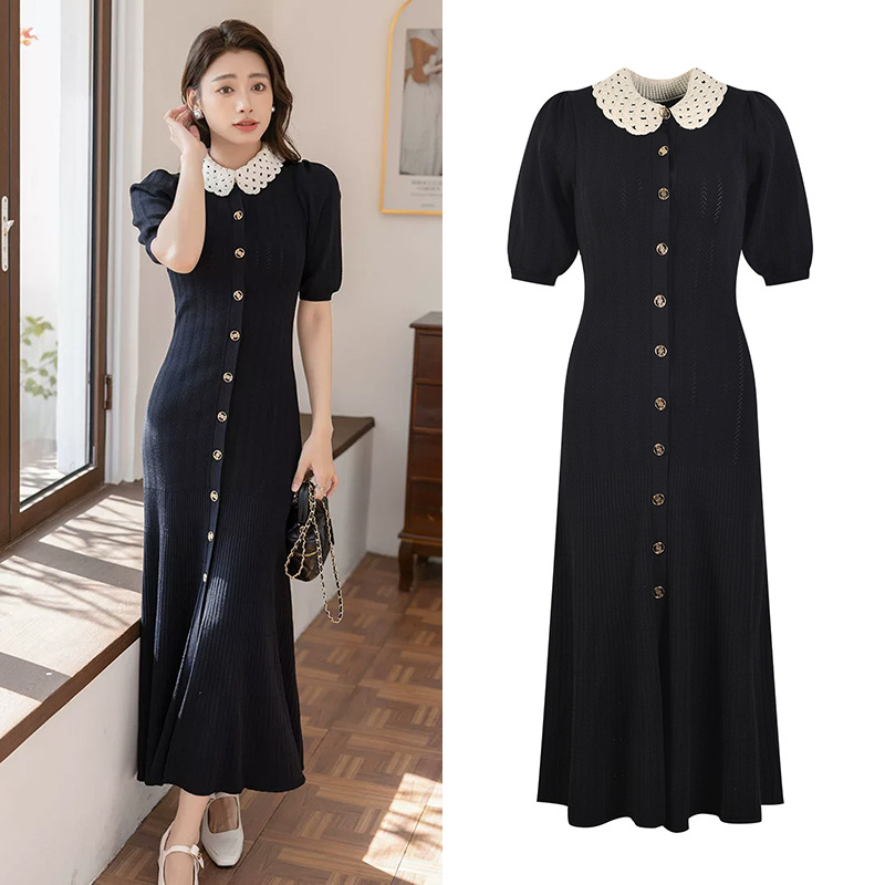 2023 Winter Women's New Dress Knitted French Brand Short Sleeve Slim and Elegant Casual Button Midi-Calf Dress Women 5220510