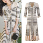 2024 Spring High Quality Striped Dress Women V-neck Slim Knitted Temperament Elegant Metal Button Long Sleeve Robe 5220674