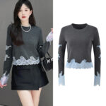 2025 early autumn new design sense gray hit blue lace splicing wool blend slim short knit sweater top