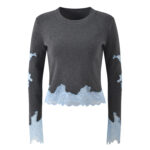 2025 early autumn new design sense gray hit blue lace splicing wool blend slim short knit sweater top - Image 2