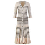 2024 Spring High Quality Striped Dress Women V-neck Slim Knitted Temperament Elegant Metal Button Long Sleeve Robe 5220674 - Image 2