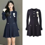 2025 autumn new navy blue chest crochet temperament fashion slim fit round neck long sleeve knitted dress