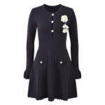 2025 autumn new navy blue chest crochet temperament fashion slim fit round neck long sleeve knitted dress - Image 2