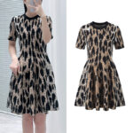 2025 autumn new leopard jacquard A-line skirt temperament fashion slimming round neck short sleeve dress