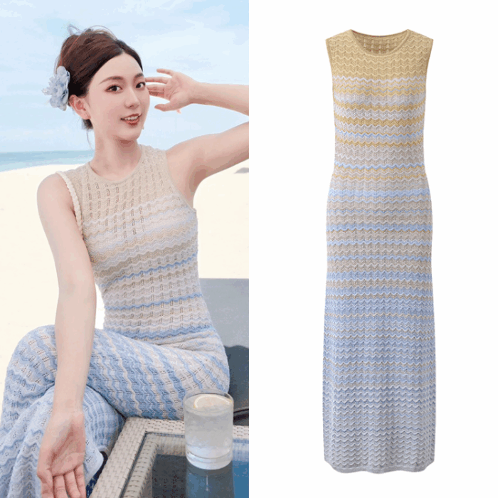 2024 Knitted Long Dress Women's New Round Neck Slim Fit Gradient Elegant Women's Maxi Dress 5240075
