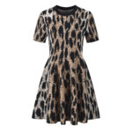 2025 autumn new leopard jacquard A-line skirt temperament fashion slimming round neck short sleeve dress - Image 2