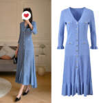 Elegant Blue Knitted Dress 2024 Spring Women V Neck Slim Elastic Mermaid Dresses 5240088
