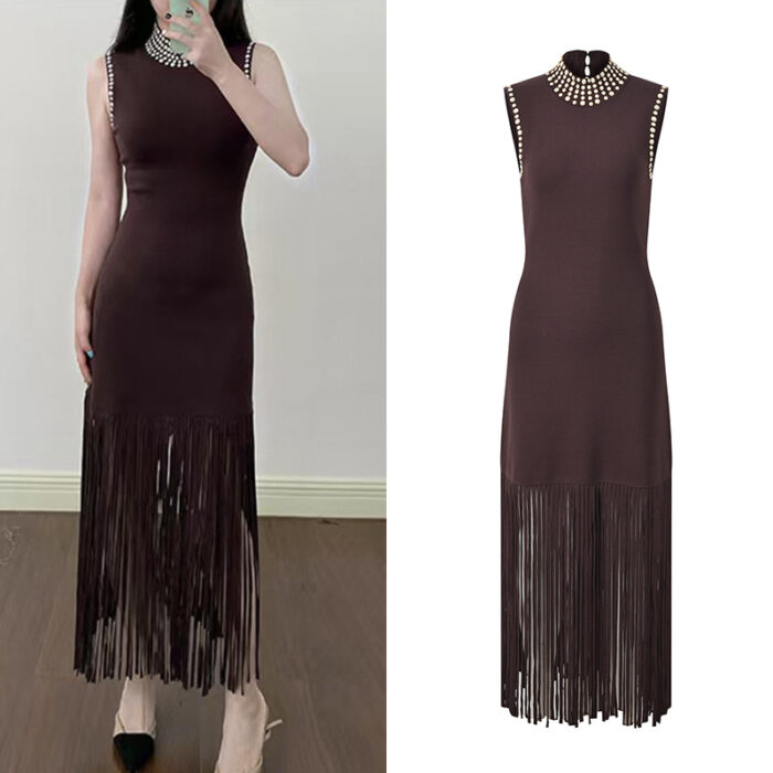 Brown Tassel Knitted Tank Long Dress Women 2025 Autumn New Elegant High Neck Fashion Dress 5250246