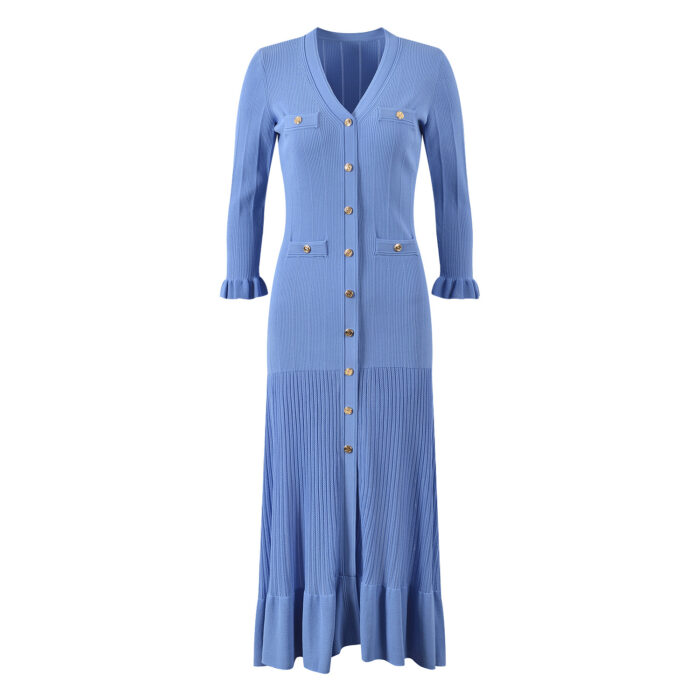 Elegant Blue Knitted Dress 2024 Spring Women V Neck Slim Elastic Mermaid Dresses 5240088 - Image 2