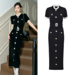 2025 Autumn and Winter French Lady Lace Splicing Diamond Buckle Black Velvet Waist Slimming Short Sleeve Long Dress