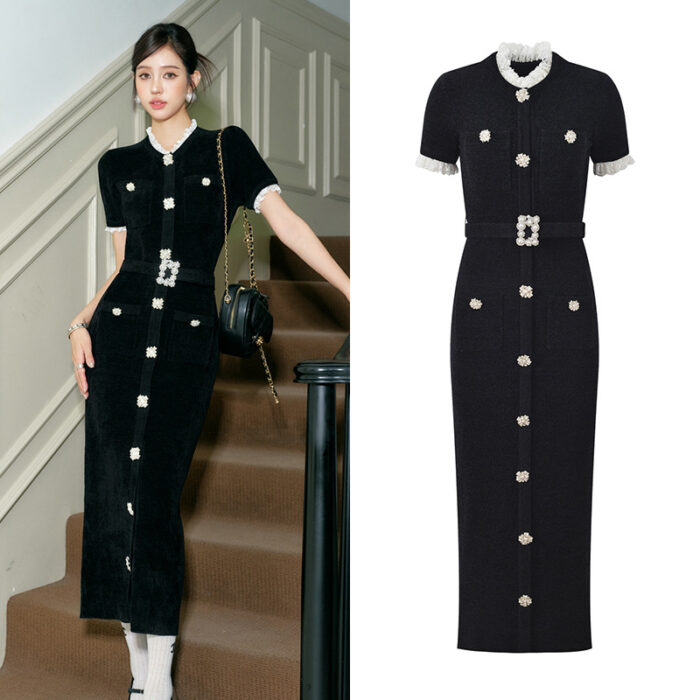 2025 Autumn and Winter French Lady Lace Splicing Diamond Buckle Black Velvet Waist Slimming Short Sleeve Long Dress