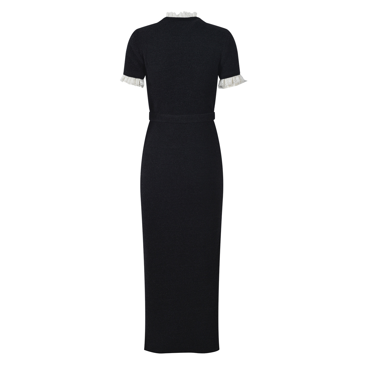 2025 Autumn and Winter French Lady Lace Splicing Diamond Buckle Black Velvet Waist Slimming Short Sleeve Long Dress - Image 3